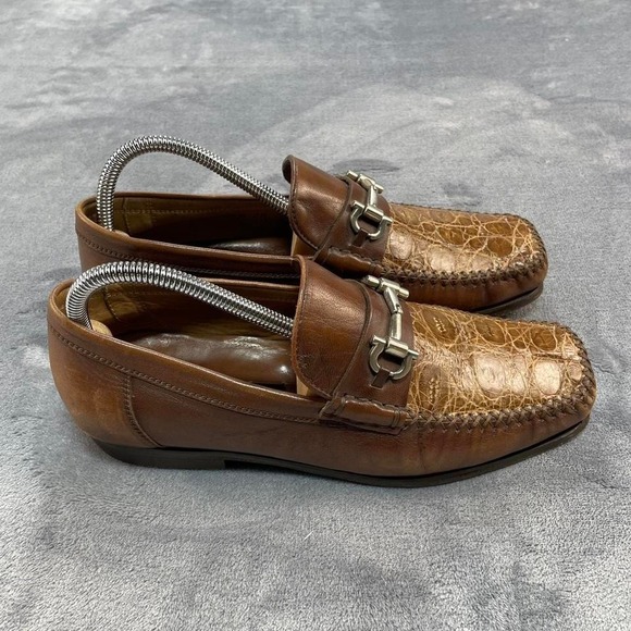 David Eden Crocodile Brown Leather Loafers Men's Size 7.5 Silver Buckle SlipOn - Picture 3 of 5